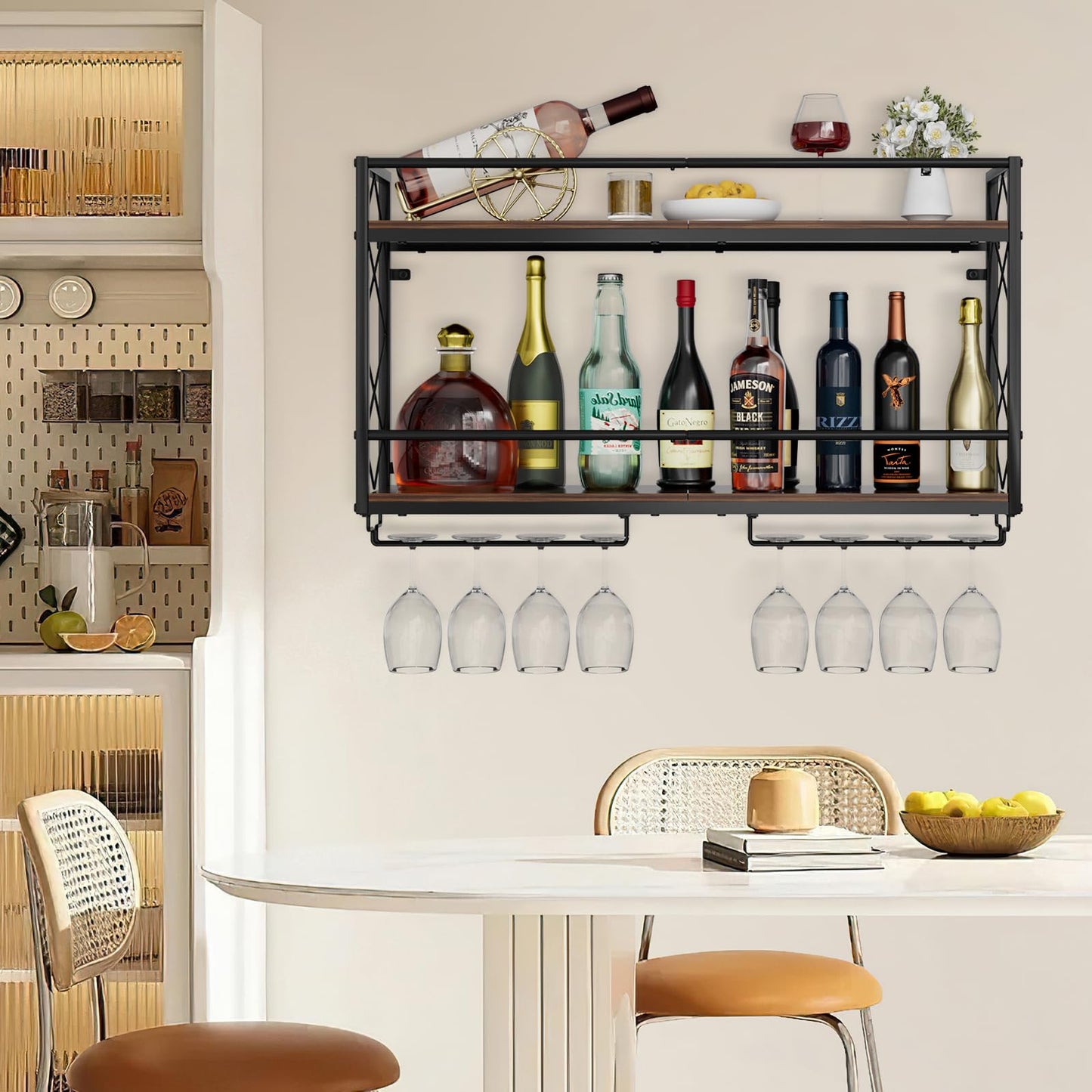 NEYCIL Wine Rack Wall Mounted 2 Tier Wall Wine Rack with Glass Holder, Double Layer Anti-Drop Crossbar, 31.5" Metal Wood Wall Mount Wine Holder for Home Kitchen Dining Room Coffee Shop Bar, Black