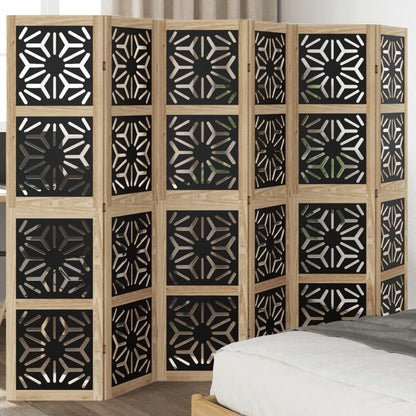 6 Panel Room Divider Brown Black Solid Paulownia Wood Frame Engineered Wood Privacy Screen Folding Partition for Bedroom Living Room Office