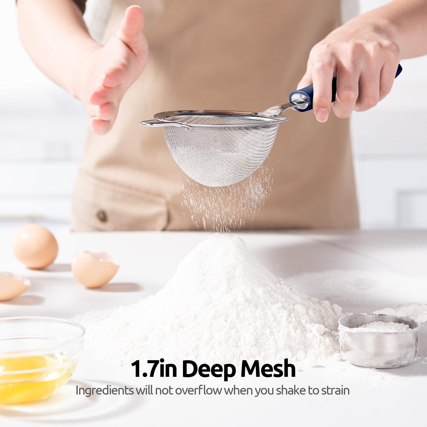 18/8 Stainless Steel Mesh Strainer: U-Taste 3.9 Inch Kitchen Fine Mesh Sieve Food Colander with Riveted Sturdy Silicone Handle and 30 Mesh Hole for Straining Flour, Quinoa, Tea, Juice (Midnight Blue)