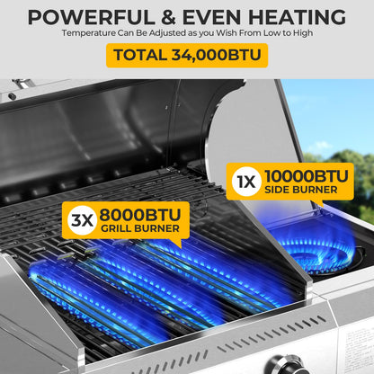34,000 BTU 3-Burner Propane Gas Grill with Side Burner, All Stainless Steel BBQ Grill, Cast Iron Grates & Portable Cart with Wheels，Outdoor Barbecue Grill for Backyard, Patio, Camping (G31 PRO)