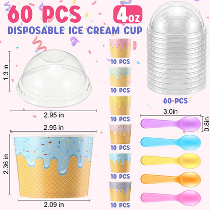 Jingmore 60 Set 4oz Ice Cream Paper Cups with Lids and Spoons, Disposable Sundae Bowls, Dessert Cups for Birthday Party Supplies, Ice Cream Bowls Bulk for Yogurt, Snacks