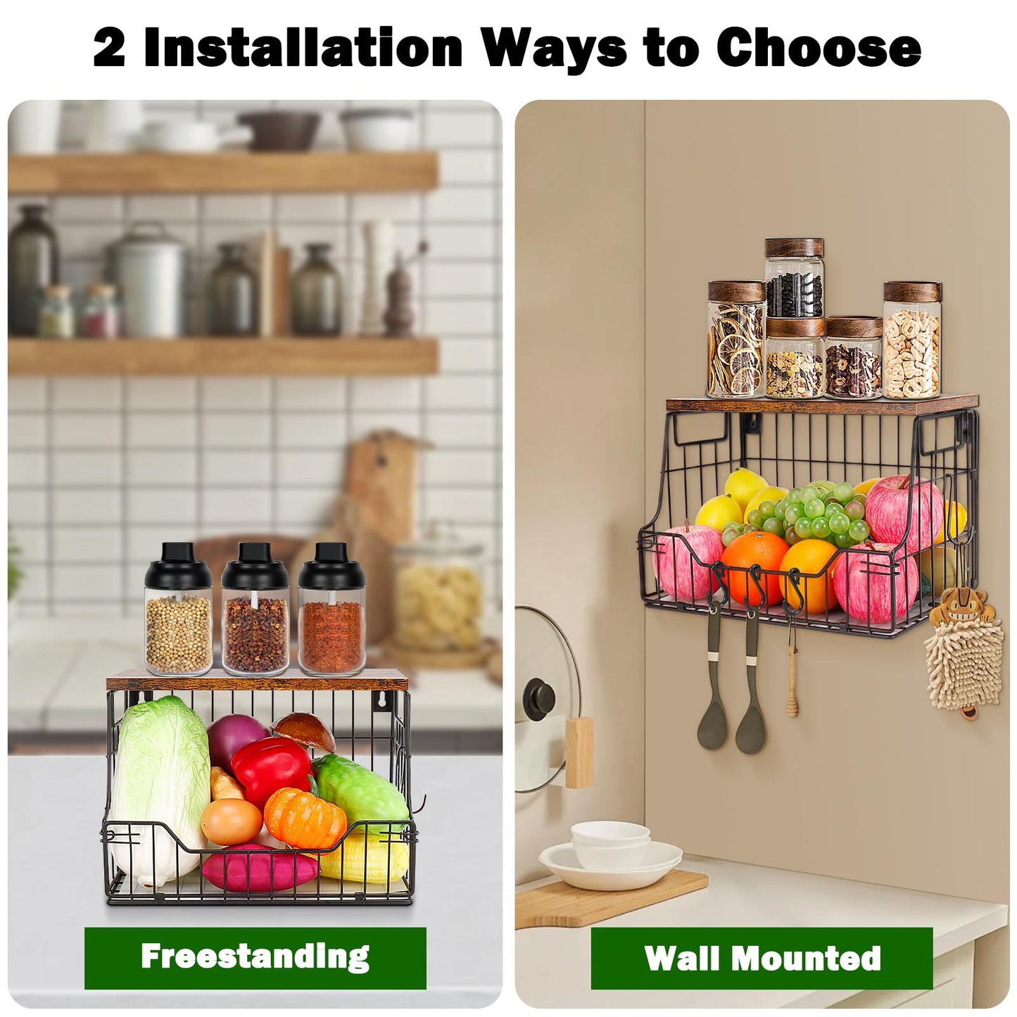 Livabber Fruit Basket for Kitchen, Metal Fruit Vegetable Storage Bin with 2 Banana Hangers, Countertop Wire Basket Organizer for Snack Potato Onion, Screw Mounted or Stand (Black, 1 Pack)
