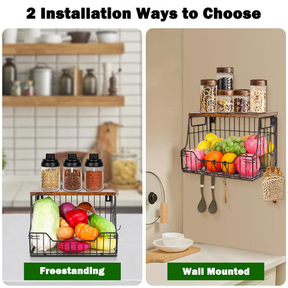 Livabber Fruit Basket for Kitchen, Metal Fruit Vegetable Storage Bin with 2 Banana Hangers, Countertop Wire Basket Organizer for Snack Potato Onion, Screw Mounted or Stand (Black, 1 Pack)