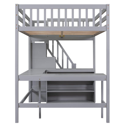 Ball & Cast Loft Bed Full Size with Built-in L-Shaped Desk and Three-Tier Storage Shelves,Wooden Bedframe w/Storager Staircase & Guardrails,Space Saving,Bedroom Furniture for Student Dorms,Gray
