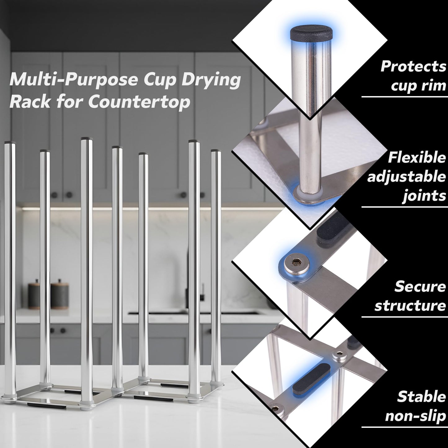 ANSOTHIN Water Bottle Drying Rack, Cup Drying Rack for Counter, Stainless Steel Tumbler Dryer Stand, Space-Saving Mug & Glass Drying Rack, Heavy-Duty Holder for Cups & Water Bottles (Silver – 7 Pegs)