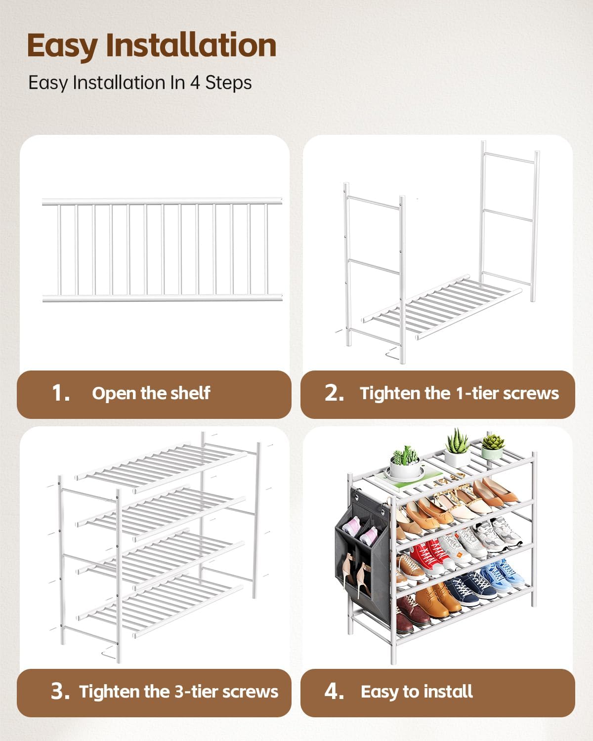 woxlemen Closet 26 inch 4-Tier) Bamboo Shoe Rack for Small Wooden Shoe Organizer with Pouch, Sturdy Wood Shoe Shelf