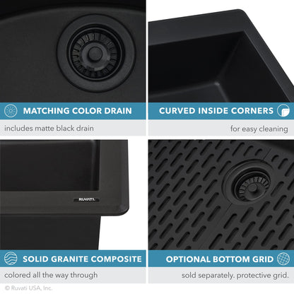 Ruvati Midnight Black Granite Composite 33 in. x 22 in. Single Bowl Drop-in Topmount Kitchen Sink RVG1033BK