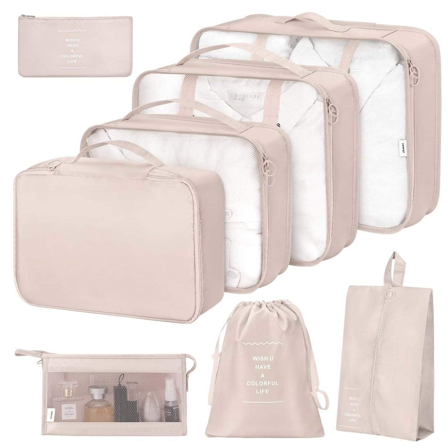 8 Set Packing Cubes for Suitcases, Packing Cube for Shoes, Cosmetics, Clothing and Accessories, Packing Cubes for Travel Luggage Organizer Women Men(Beige)