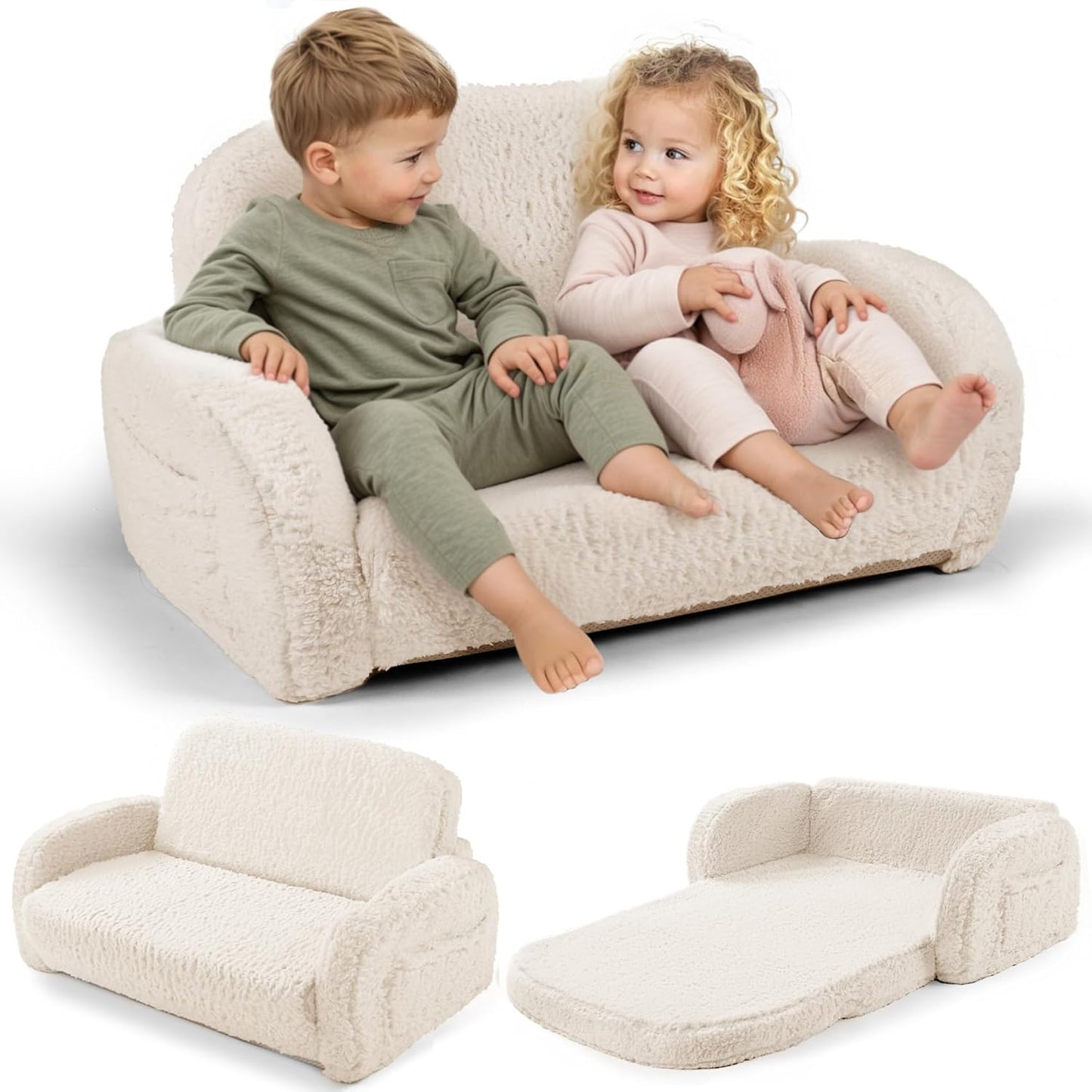 2-in-1 3+, Sherpa Fold Out Kids Couch, Extra Wide Comfy Toddler Chair, Convertible Kids Sofa to Lounger, Foldable