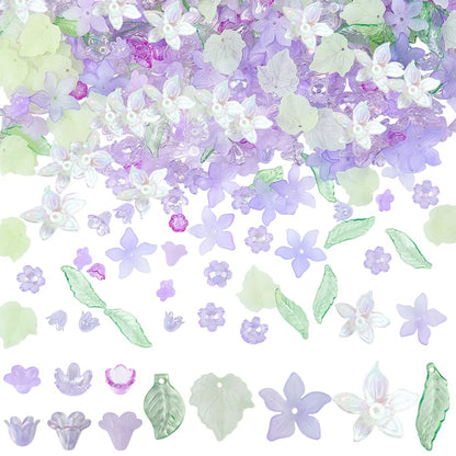 BEAMARKER 500Pcs Acrylic DIY Flower Leaf Beads Kits Including Assorted Purple Flower Loose Beads Maple Leaf Pendants Charms Acrylic Floral Caps for Earring Bracelet Necklace Craft Jewelry Making