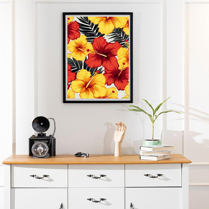 TUTUMAY21 Diamond Painting Kits for Adults, Yellow and Red Hibiscus Flowers Diamond Art Paintings Kits for Beginners, 5D Round Full Drill Diamond Painting Kits, for Room Decor Gifts 12x16 inch