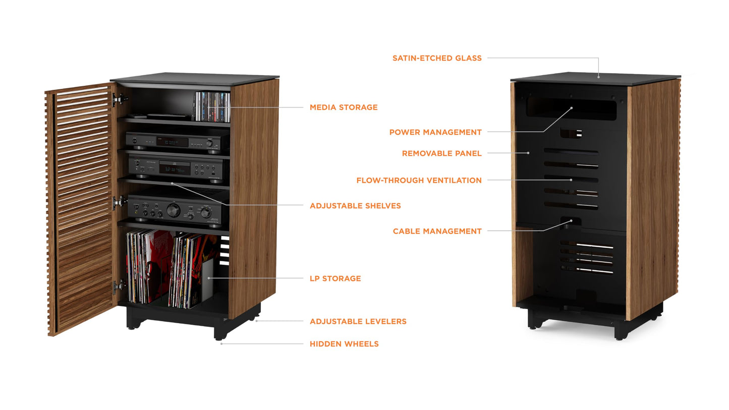 BDI Furniture Corridor 8172-22'' Audio Cabinet with Flow-Through Ventilation, Cable Management, Adjustable Shelves, Louvered Doors, Satin-Etched Tempered Glass Top, Natural Walnut
