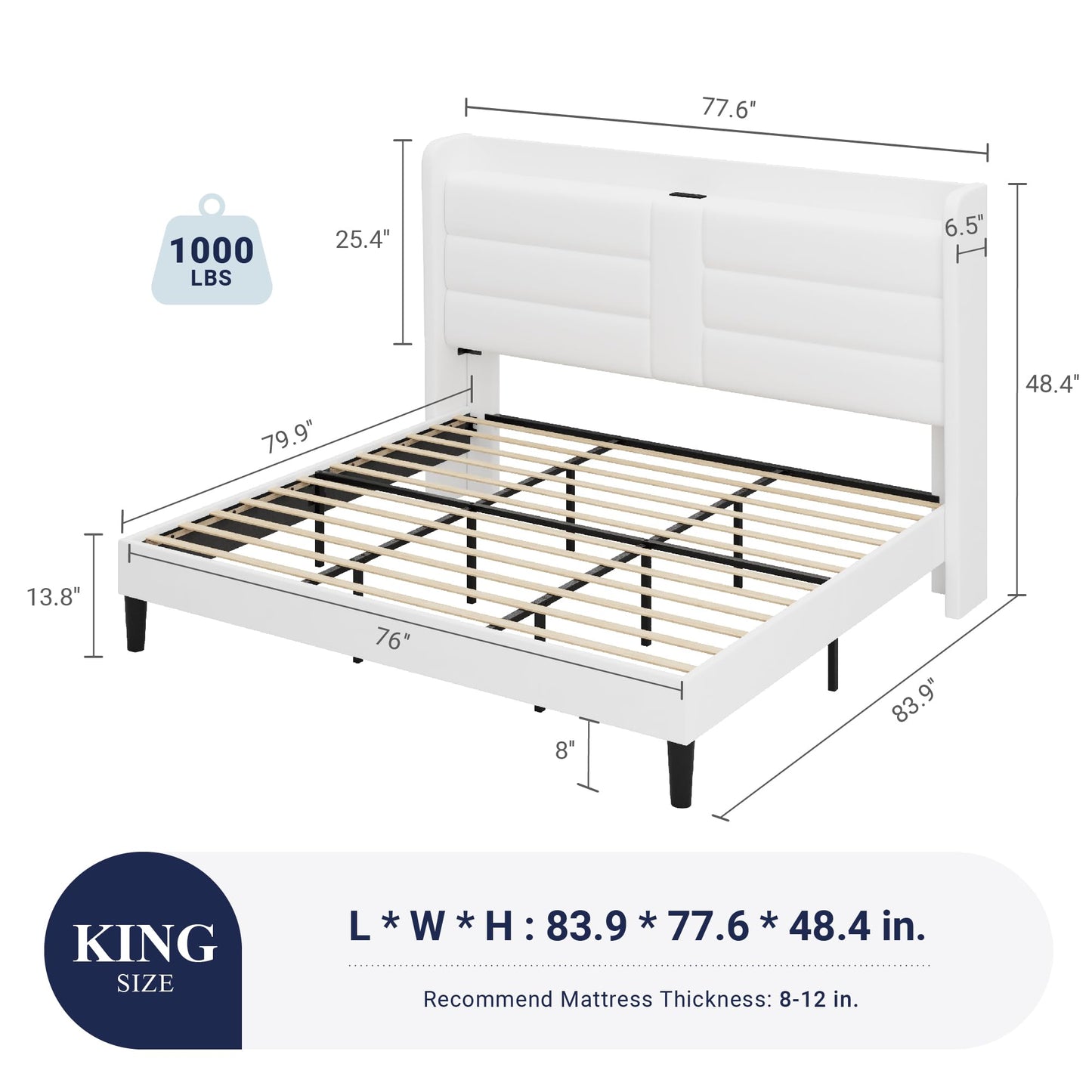 Allewie King Size Platform Bed Frame with Charging Station & Storage Headboard, Upholstered Velvet Wingback Design & USB Port, Strong Wooden Slats Support, No Box Spring Needed, Easy Assembly, White