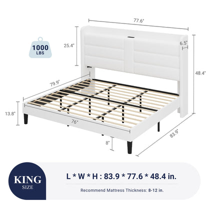 Allewie King Size Platform Bed Frame with Charging Station & Storage Headboard, Upholstered Velvet Wingback Design & USB Port, Strong Wooden Slats Support, No Box Spring Needed, Easy Assembly, White