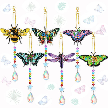 Tradder 6 Pcs Butterfly Diamond Art Wind Chimes for Summer Tree Decoration Diamond Art Kit with Crystal Pendant Make Your Own Keychains 5d DIY Home Garden Hanging Ornament
