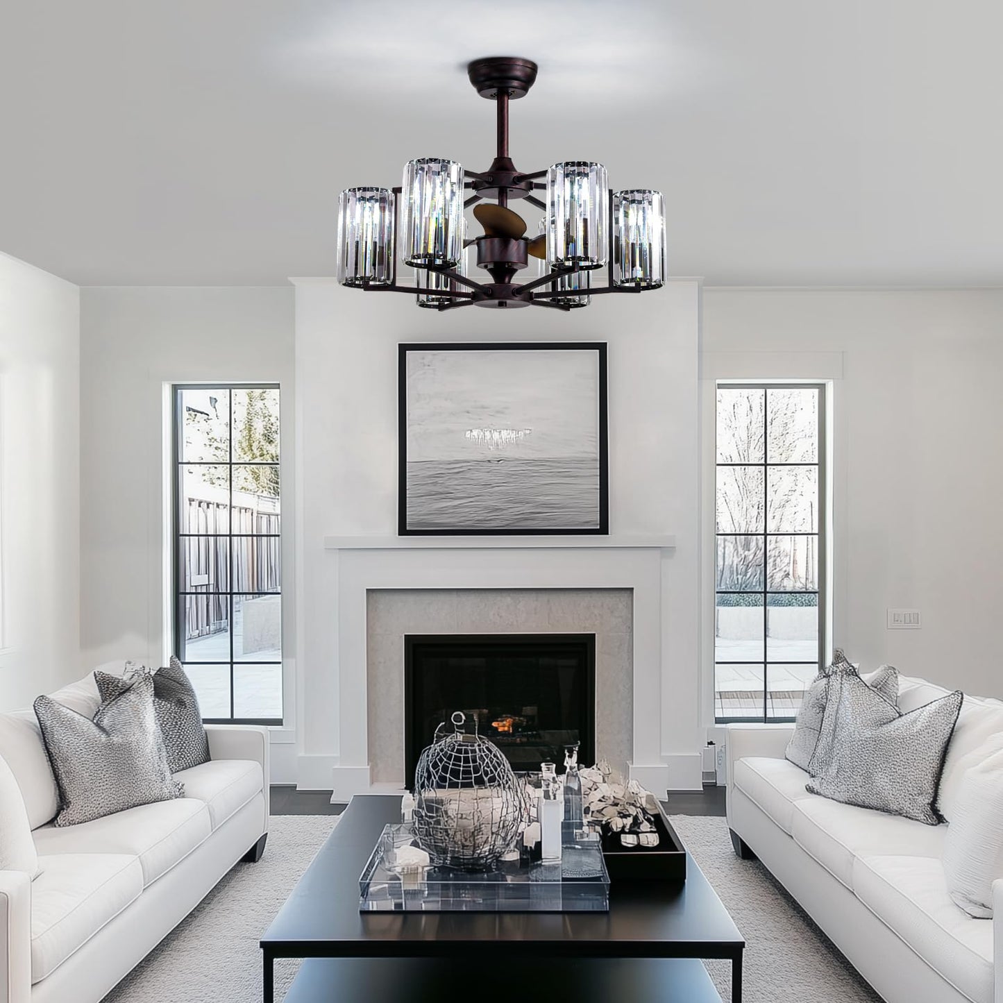 MOOONICHE 27" Crystal Chandelier Ceiling Fan 6-Light Vintage Flush Mounted Fandelier Reddish Brown Ceiling Fans with Lights and Remote for Bedroom Dining Living Room Kitchen Farmhouse Entry