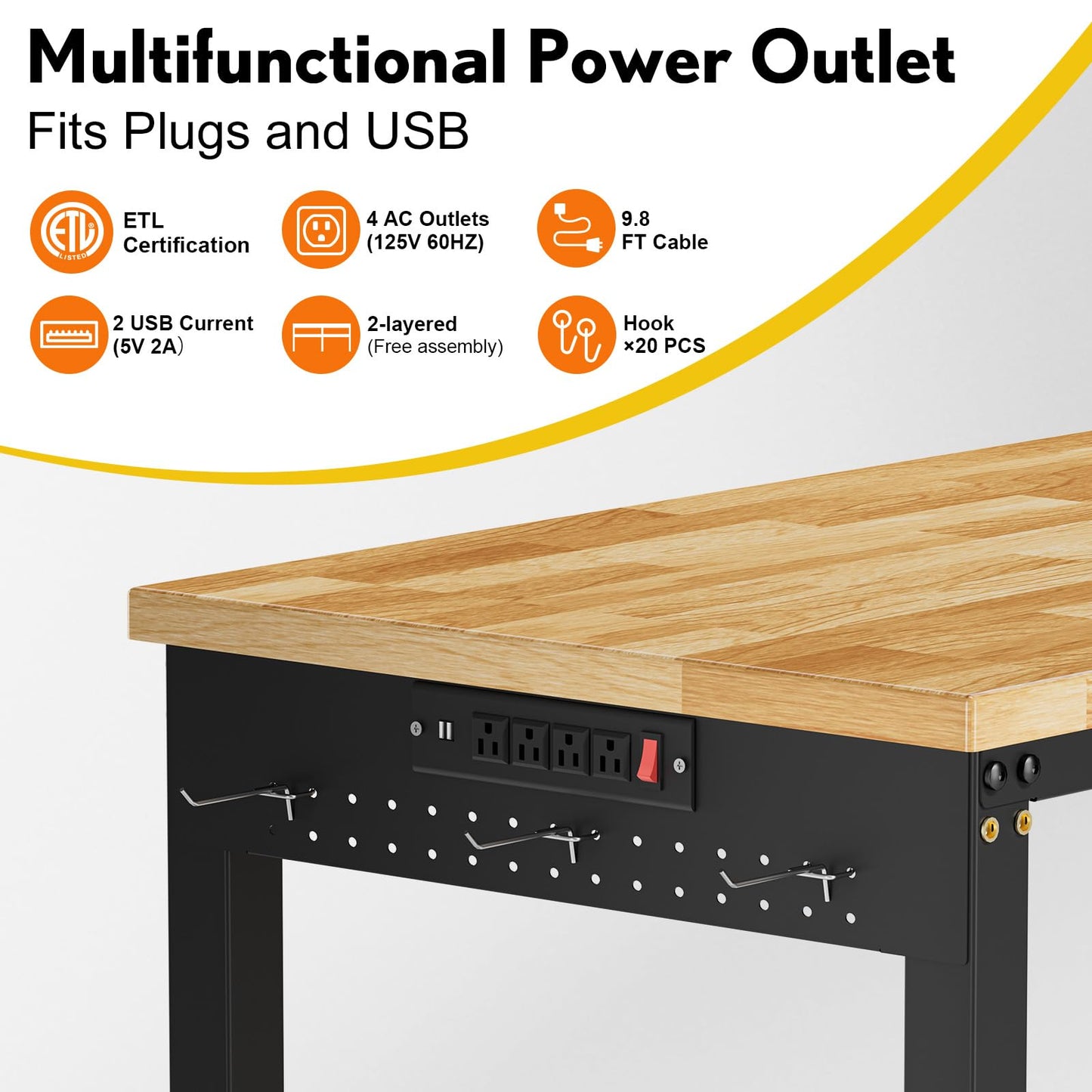 96” Adjustable Work Bench, 2-Layer Heavy Duty Workbench, 6000 LBS Capacity Workbench with Pegboard & Power Outlet, Rubber Wood Work Table for Garage, Office, Workshop, Home