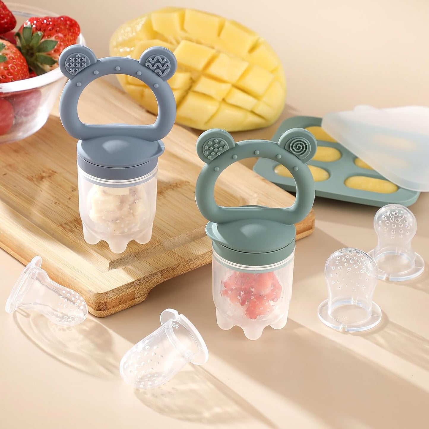 Skiennix Silicone Baby Fruit Feeder - 2 Pack with Mini Freezer Tray & Breastmilk Popsicle Molds for Teething Relief