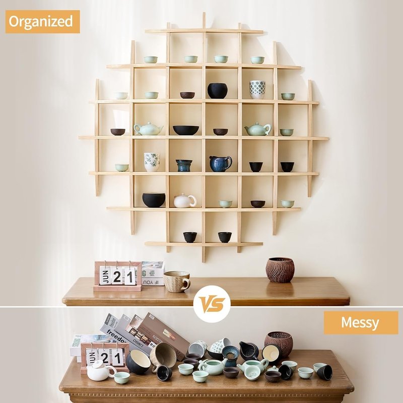 Sicrifety 46" x46"Oversize Wooden Coffee Mug Display Shelf,Rustic Wooden Floating Curio Shelf-Mug Holder for Wall,Wall Mounted Tea Cup Display Stand for Living Room Kitchen Office