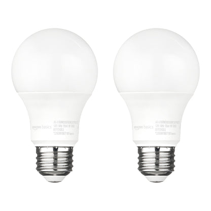 Amazon Basics A19 Dusk to Dawn Sensor LED Outdoor Light Bulb, 60W Equivalent, Energy-Efficient 9W, Daylight 5000K, E26 Base, 10,000 Hours, 2 Count (Pack of 1)