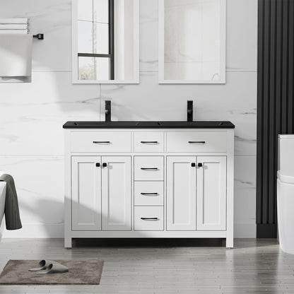 LUCKWIND 48" Modern Bathroom Vanity with Sink Combo, Contemporary Painted Storage Cabinet and Double Black Sink, Include Soft-Closing Doors & Matte Black Faucet, White
