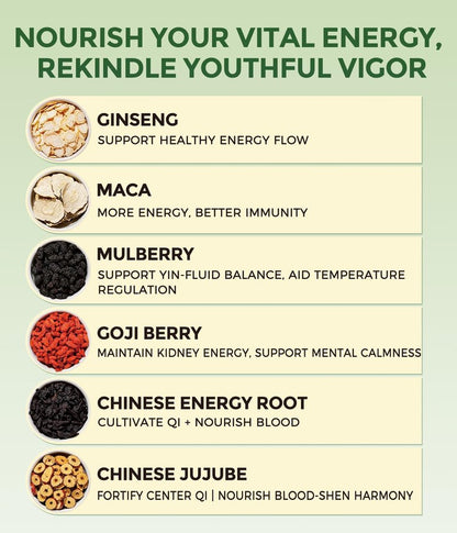 MSFOOT 6-IN-1 Ginseng Herbal Treasures Tea Bags Kidney Tea- with Goji Berry, Maca, Jujube & Mulberry & Huangjing - Energy & Vitality Support - 25 Count Resealable Bag, No Sugar, No Artificial Flavors Chinese Herbal Ginseng Blend Tea (Caffeine-Free)