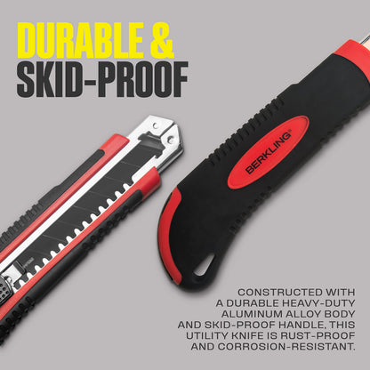 Berkling 18mm Retractable Utility Knife with 4x SK2H Snap Off Black Spare Blades (18mm 1 PACK)
