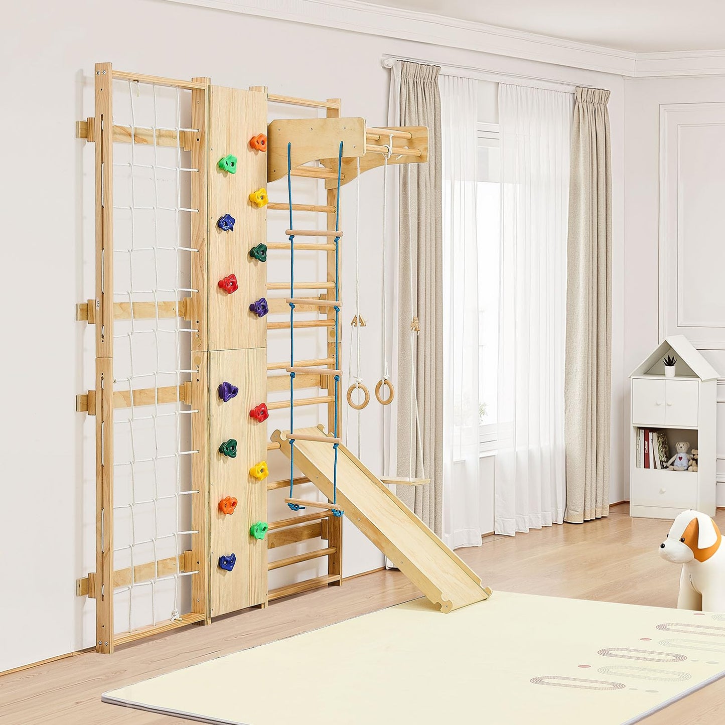 VEVOR Swedish Ladder Wall Gym, 9-in-1 12-Level Solid Wood Gymnastic Stall Bars for Kids Adults, 220LBS Indoor Jungle Gym with Rock Climbing Wall, Gym Rings, Pull-Up Bar, Climbing Board, Slide, Swing