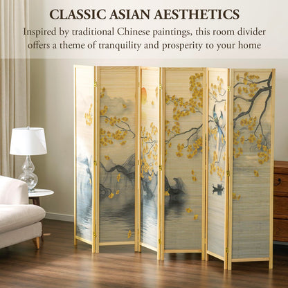 MyGift 6 Panel Large Bamboo Room Divider with Dual Sided Asian Birds Gingko Biloba Tree Sunset Design Print, 6FT Freestanding Artwork Privacy Partition Folding Screen with Beige Solid Wood Frame