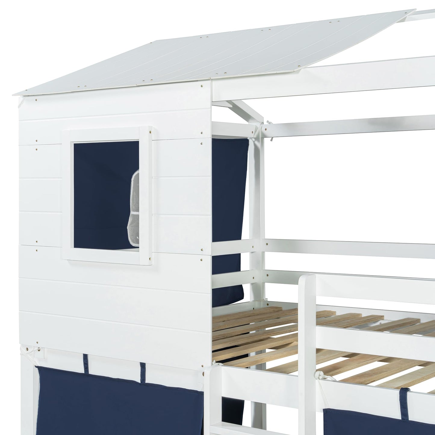 Full Over Full Bunk Bed with Tent, Wood Full Size House Bed Frame, Blue+White