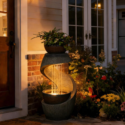 Takamota Outdoor Water Feature Patio Fountain with LED Lights, 31.9" Resin Garden Waterfall Fountain Outdoor, Modern S-Shaped Bowl Design Water Feature for Porch, Garden, Yard, Home Decor, Grey
