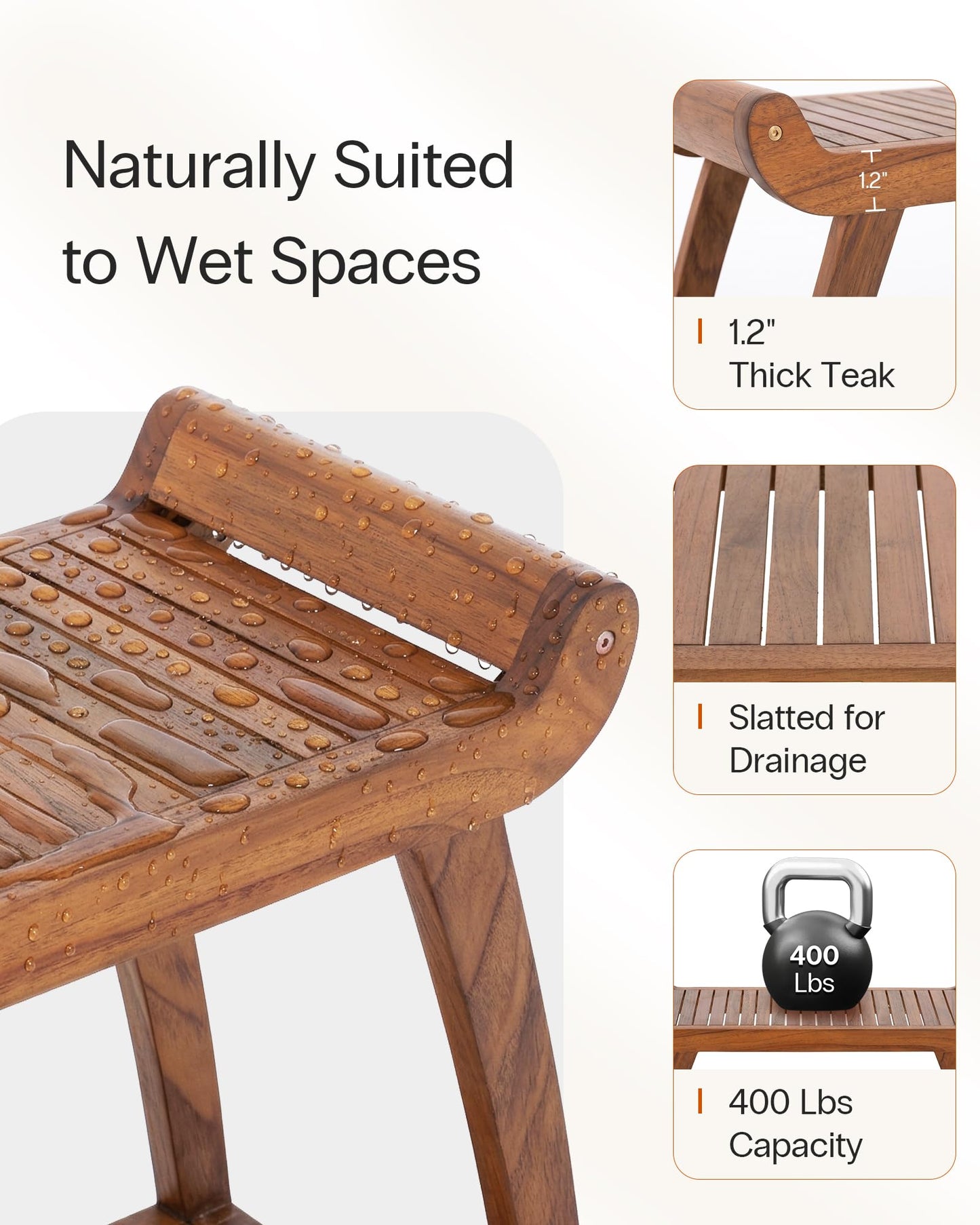 StrongTek Long Teak Shower Bench with Handles and Shelf, Solid Teak Wood Bathroom Bench, Quick-Dry Slatted Bath Bench, 29.5" L x 12.5" D x 24" H, 400 lbs Capacity, for Shower or Bathroom