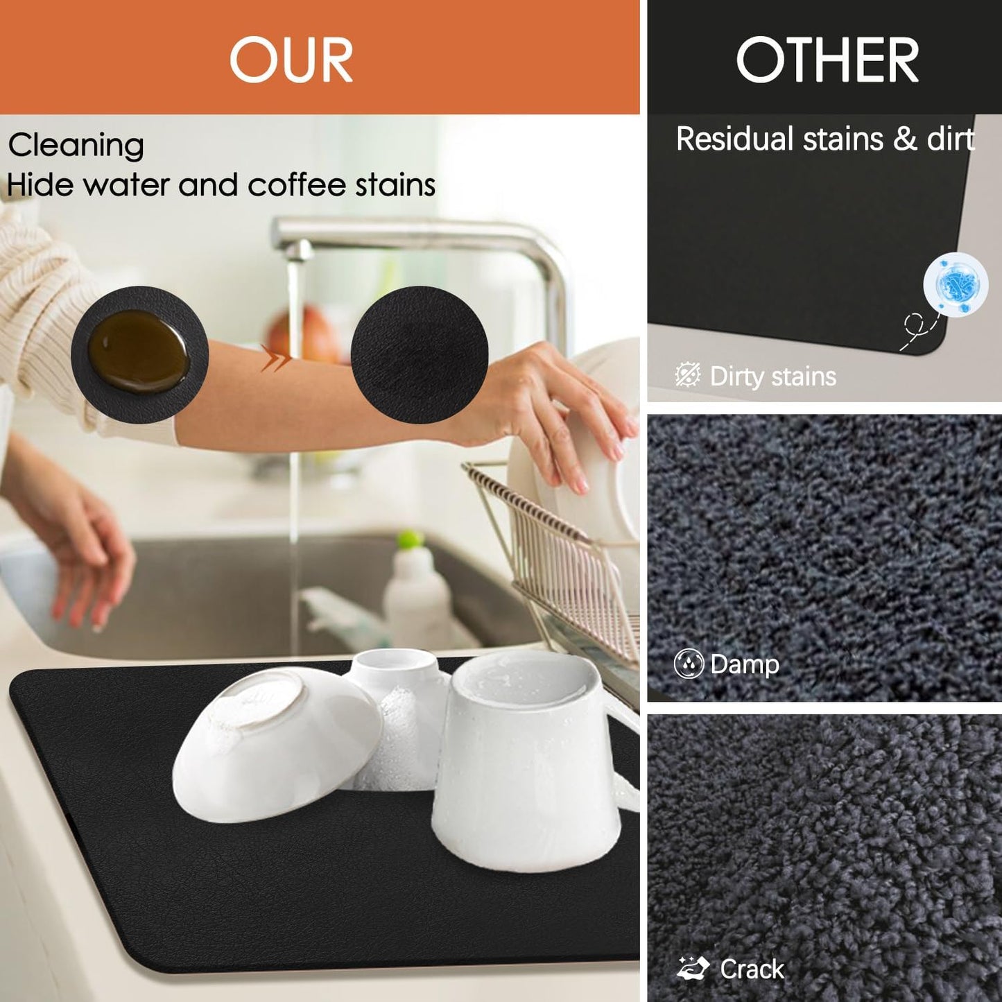 Coffee Mat for Countertop, 24x16" Super Absorbent Large Bar Mat, Quick Dry Black Dish Drying Mat for Kitchen