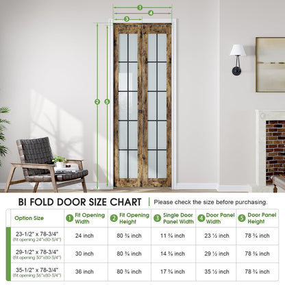 CEAKIAN Preassembled Bifold Closet Doors for 30" X 80" Opening, Country Style,Space Saving, Tempered Frosted Glass with Black Cross Grid, Bi folding Barn Door with Concealed Hardware Kit, Easy Install