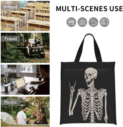 Ouqiuwa Cute Reusable Lunch Bag, Lunch Tote Handbag for Women Men, Rock and Roll Skeleton