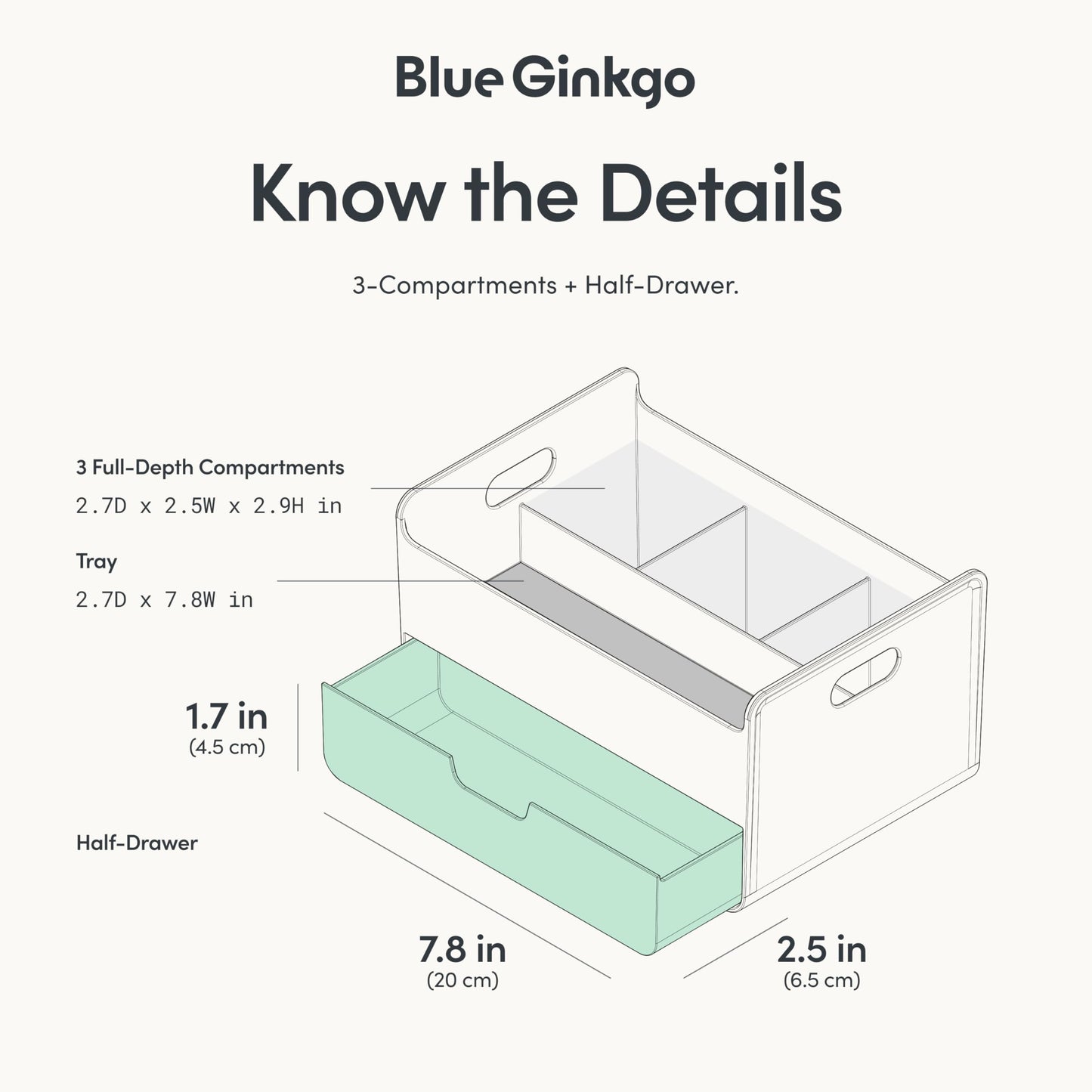 BLUE GINKGO Portable Desk Organizer – Compact 3 Compartment, Half-drawer Storage – Pen Holder, Stationery Desktop Organizer for Office, Makeup, Crafts (Made in Korea, Blue)