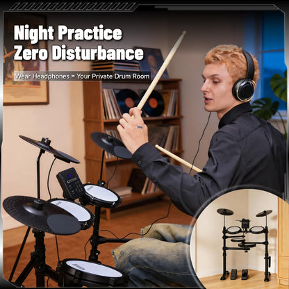 Electric Drum Set - Silent Electronic Drum Set Adult, Drum Kit for Beginners with 4 Mesh Drum Pads, 150 Sounds, 30 Songs, 15 Kits, USB MIDI, Headphones, Throne, Sticks, Pedals, MT20C, Black