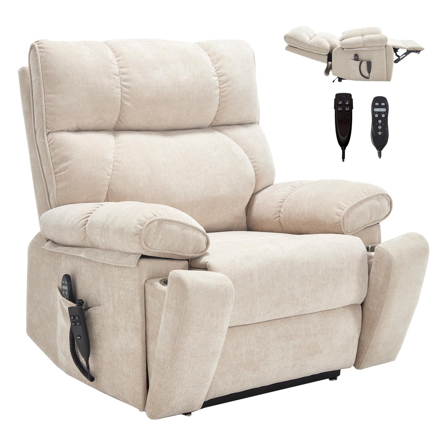 RHHVVR Oversized Power Lift Recliner Chair for Adults, Large Electric Lift Recliners with Massage Heating, Medium-Firm Electric Lay Flat Reclining Chair Sofa for Living Room, Chenille Beige