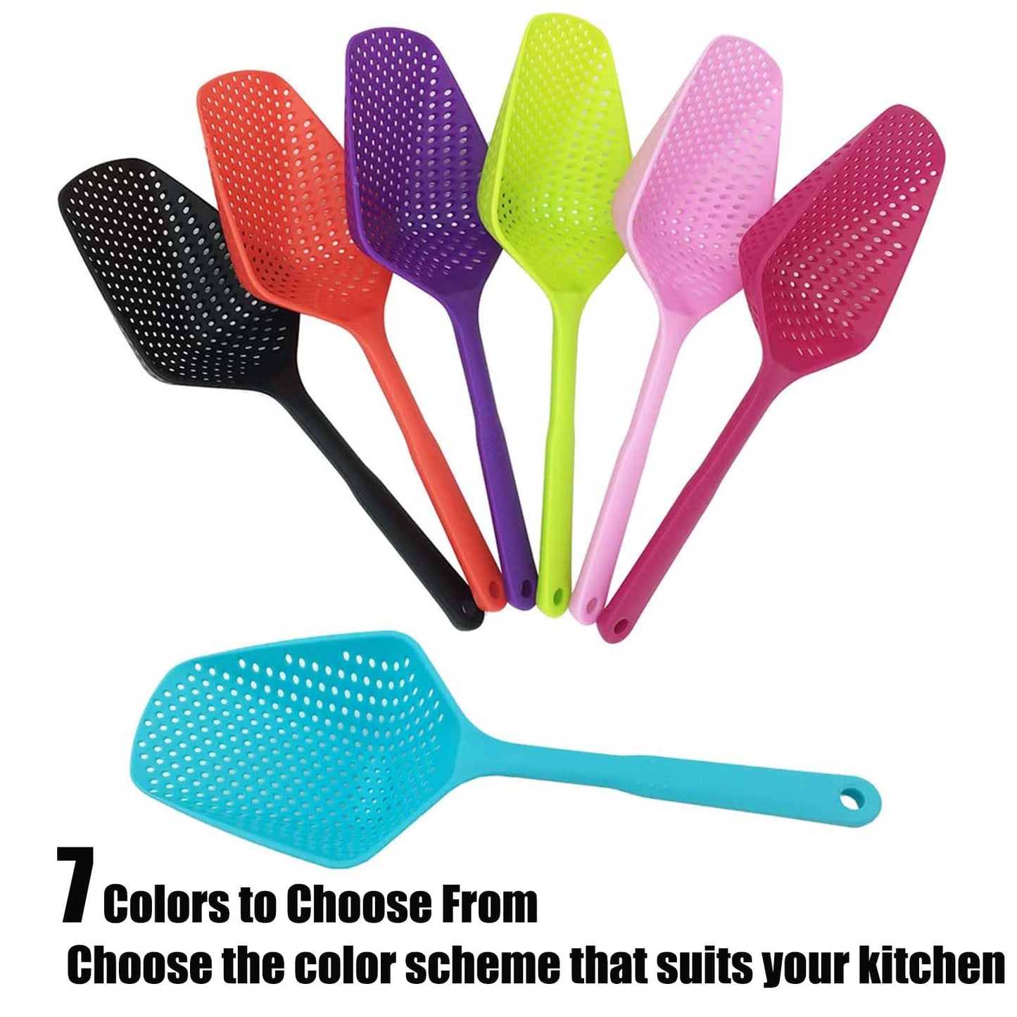 SEIWEI Large Strainer Spoon, Long Handle Tool Colander Draining Scoop, Heat-Resistant Pasta Strainer Cooking Kitchen for Spaghetti, Noodles, Veggies, Non-Slip Grip & Hanging Loop, 13.5'', Green