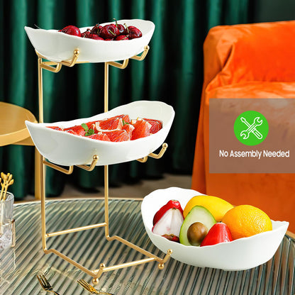 HOMKULA Ceramic Fruit Bowl for Kitchen Counter - 3 Tier Fruit Basket with Metal Stand, Tiered Fruit Stand for Countertop, Snack, Nuts, Cake, Dessert, Cute (Gold, Small) 1