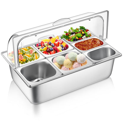 Ziliny Countertop Food Serving Display Container and Clear Roll Top Cover Stainless Steel Food Serving Tray Buffet Condiment Dispenser Display Rack for Restaurant Hotel Kitchen Party (7 Pan)