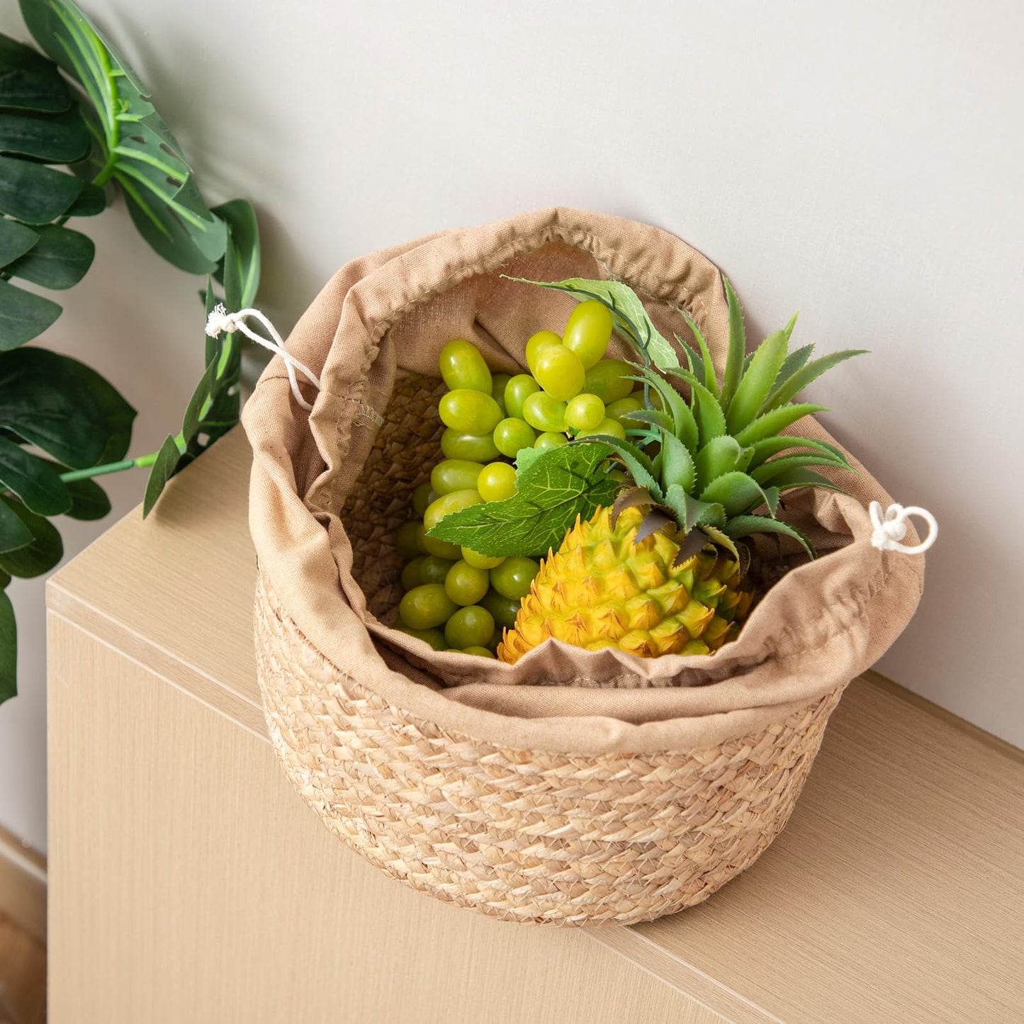 Water Hyacinth Handwoven Storage Basket with Drawstring Lid, 10.24x10.24x12.60in Natural Round Organizer for Nursery, Closet, Shelves & Kitchen