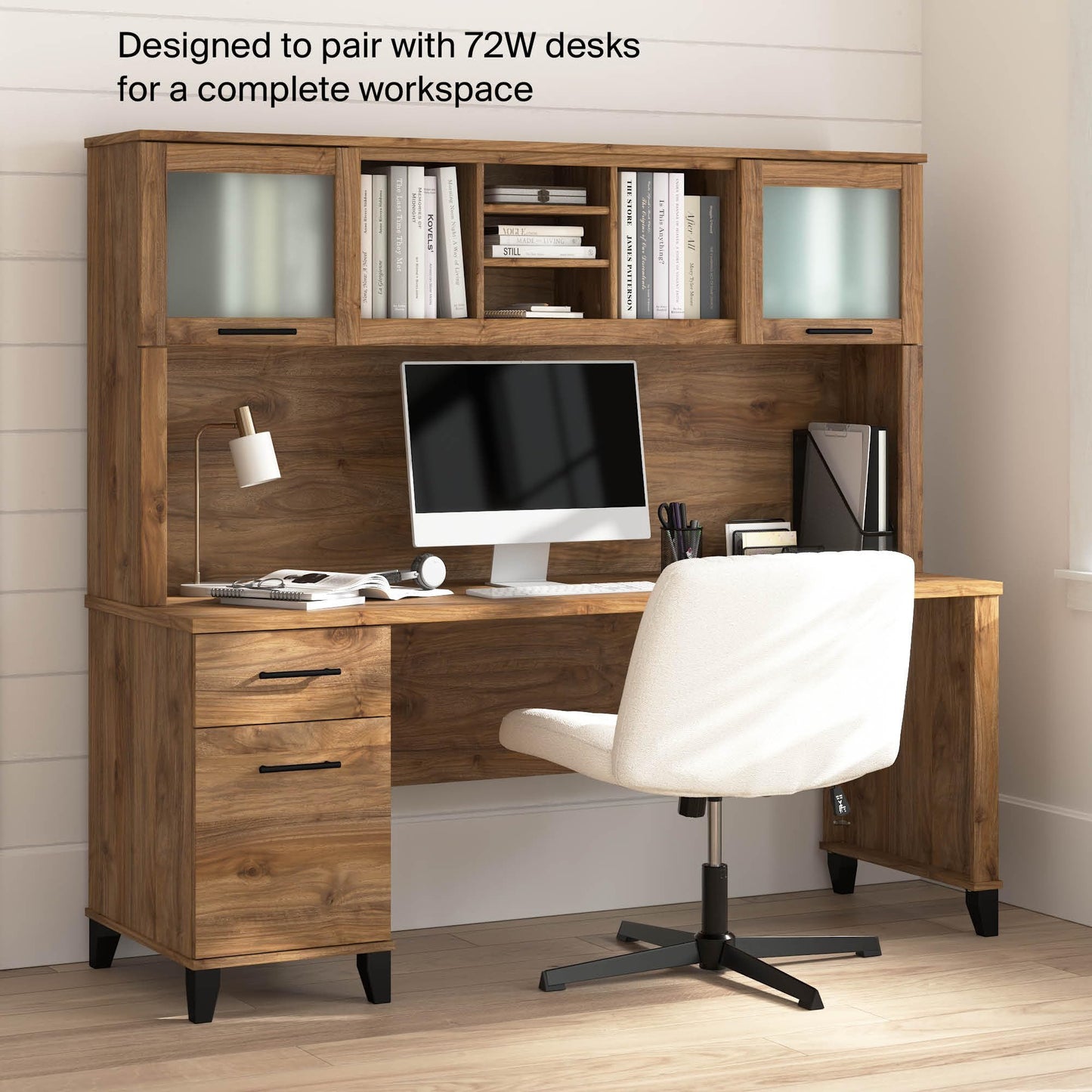 Bush Home 72-Inch Desk Hutch, Office Storage Organizer with Shelves, Cubbies and Frosted Glass Doors for Computer Desk, Home Office Furniture, Somerset Collection, Fresh Walnut