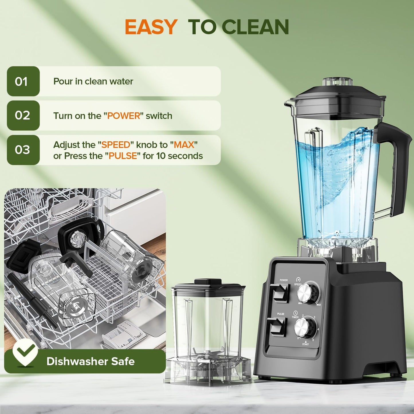 Blender, 1800W Blender with Grinder - 6-Blade Professional Smoothie Blenders for Kitchen, Crushes Ice, Self-Cleaning, 68oz & 20oz Jars Dishwasher Safe, for Baby Food, Nut Butter