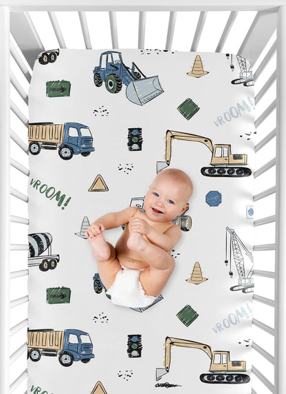 Sweet Jojo Designs Fitted Baby Crib Sheets (Green Construction Truck) for Boys, Infant Nursery, Toddler Room - Standard Size (Transportation, Bulldozer, Tractors, Cranes, Blue, Grey & Yellow, Trucks)
