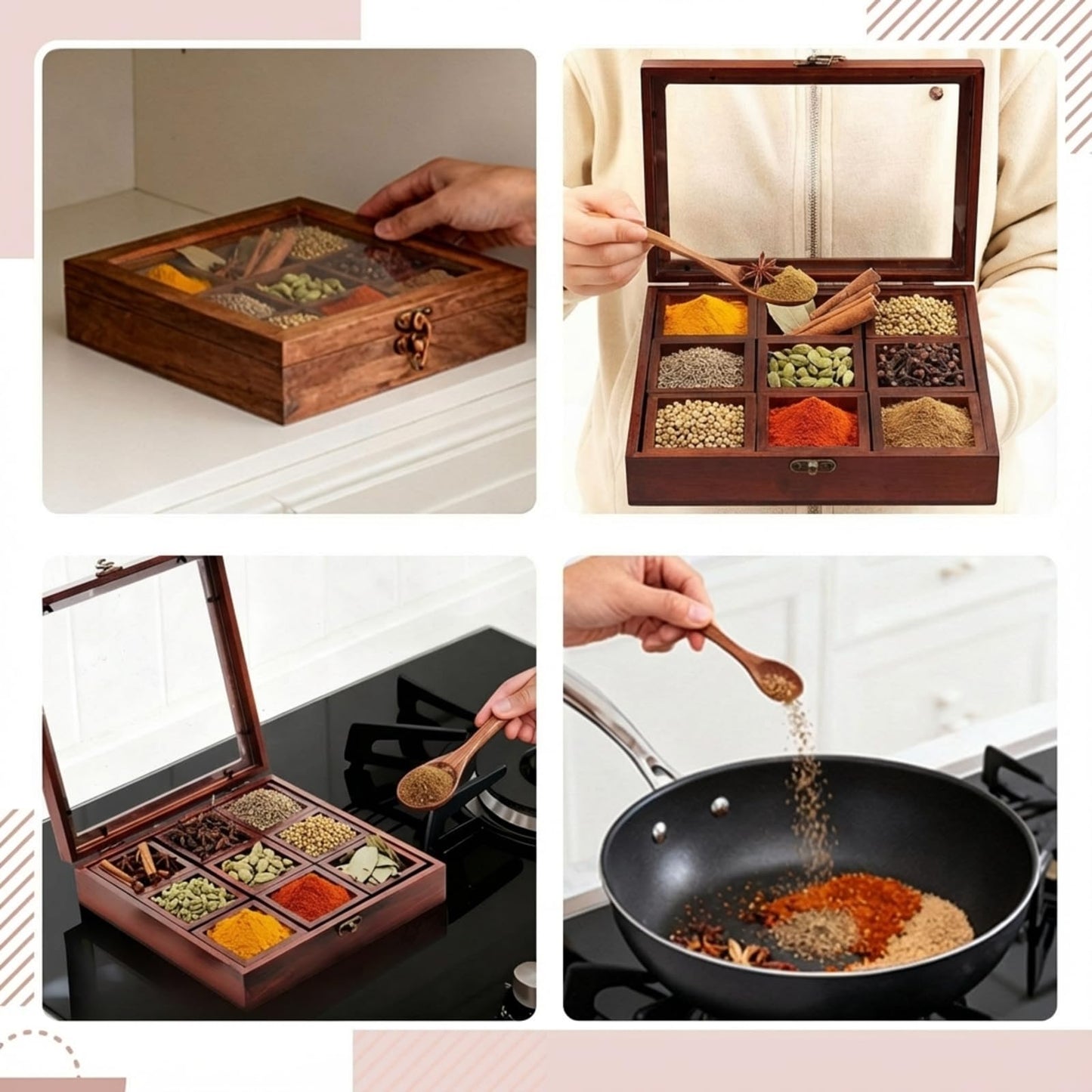 AceOrbit Wooden Spice Box with Wooden Spoon, Decorative Masala Dabba Organizer with Glass Lid, Indian Spice Storage Container, Ideal for Seasonings & Herbs (Square,9 x 9 Inch)