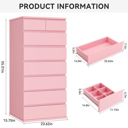 Jocoevol Pink Tall 8 Drawer Dresser for Bedroom,Dressers & Chests of Drawers with Jewelry Storage,Wood Storage Dresser with Deep Drawers for Living Room Hallway Entryway(55.3" L*23.6" W*15.7")