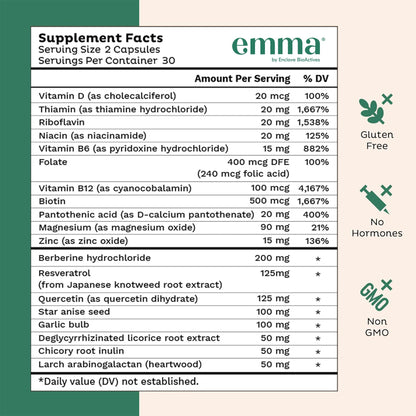Emma Gut Health Doctors Endorsed Supplement - 60 Capsules - Relief from Gas and Bloating, Repairs Leaky Gut with Magnesium, Berberine, Vitamin D, Quercetin & More - Gut Health & Colon Cleanse Formula