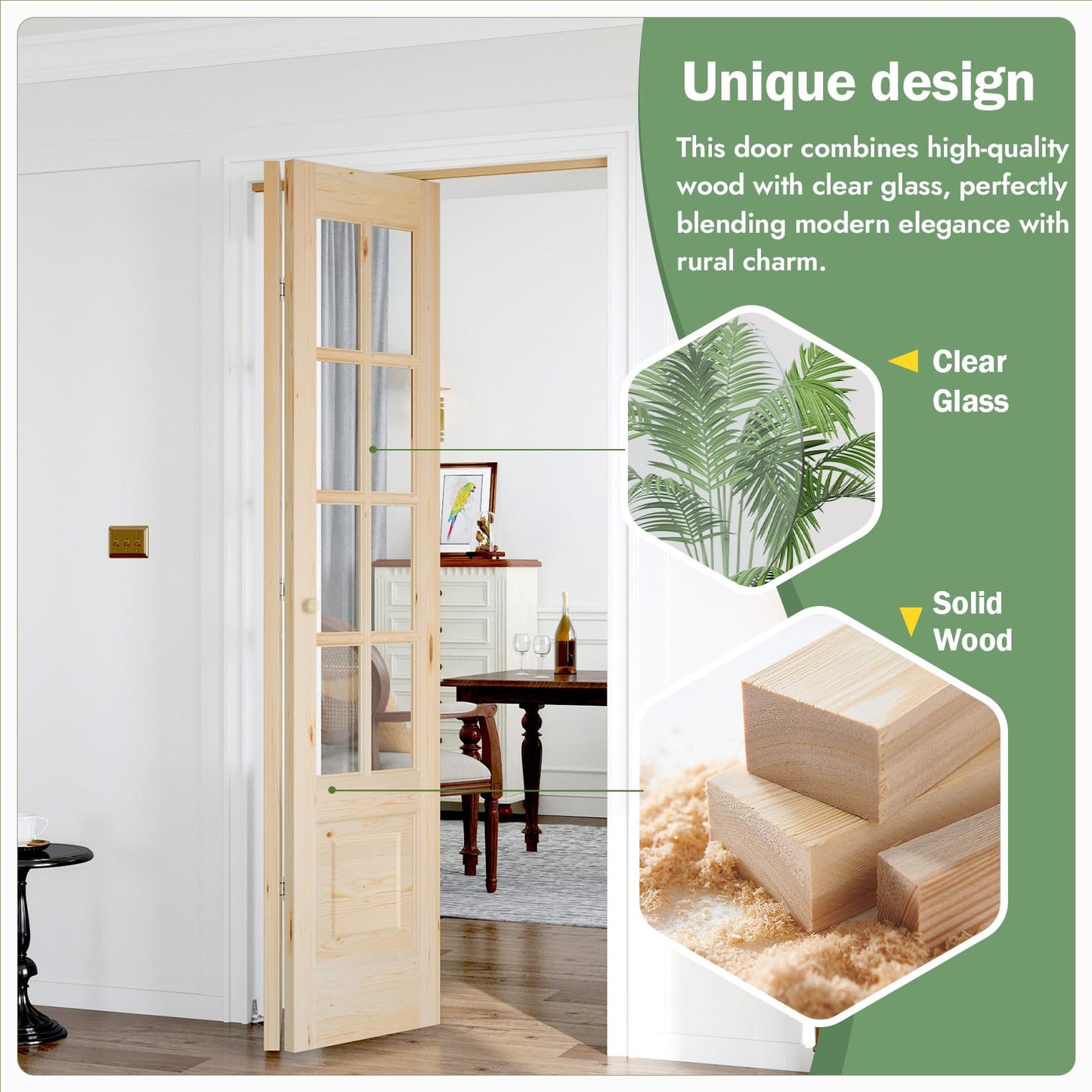 Roymelo Bifold Doors for 48"×80" (Four 12x80) Opening, Clear Glass French Interior Folding Barn Door with Concealed Hardware Kit Included, Spruce Wood Support DIY Dyeing, Preassembled Door, Save Space