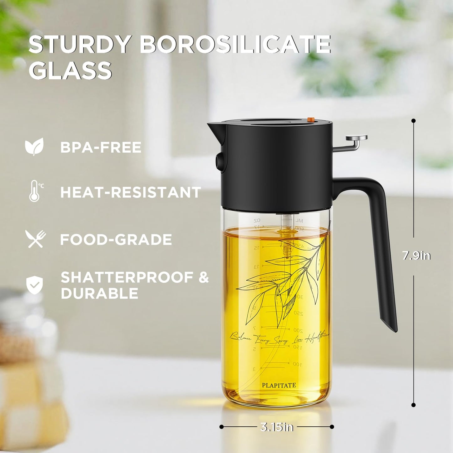 PLAPITATE 17oz/500ml Premium Olive Oil Sprayer for Cooking, 2 in 1 Glass Olive Oil Dispenser Bottle for Kitchen Gadgets, Spray Bottle with Portion Control for Salad, Frying, BBQ (Black)